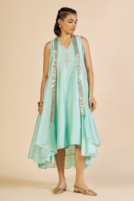 Buy Gulabo By Abu Sandeep Aqua Chanderi Embroidery, Zari V-neck Midi Dress Buy_Gulabo By Abu Sandeep_Aqua Chanderi Embroidery, Zari V-neck Midi Dress