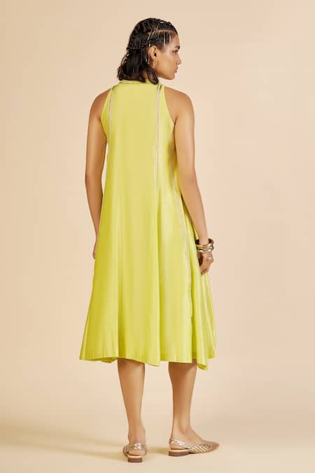 Shop Gulabo By Abu Sandeep Lime Chanderi Embroidery, Sequins V-neck Tiered Midi Dress at Aza Fashions Shop_Gulabo By Abu Sandeep_Lime Chanderi Embroidery, Sequins V-neck Tiered Midi Dress _at_Aza_Fashions