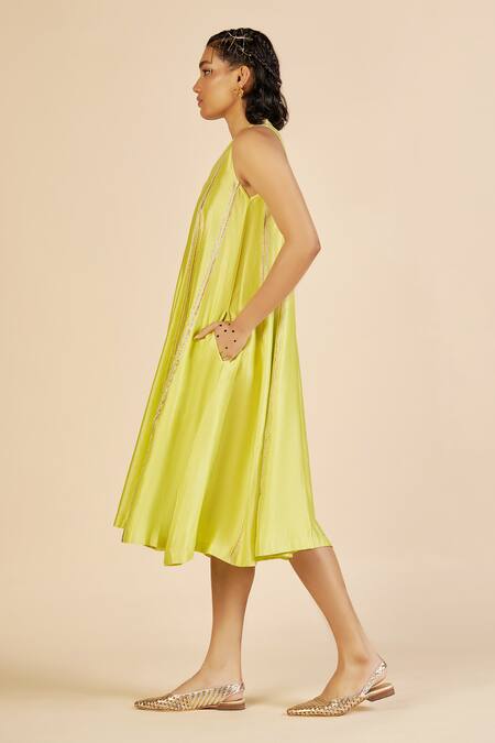 Gulabo By Abu Sandeep Lime Chanderi Embroidery, Sequins V-neck Tiered Midi Dress at Aza Fashions Gulabo By Abu Sandeep_Lime Chanderi Embroidery, Sequins V-neck Tiered Midi Dress _at_Aza_Fashions