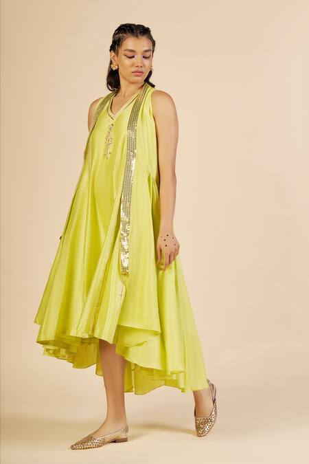 Buy Gulabo By Abu Sandeep Lime Chanderi Embroidery, Sequins V-neck Tiered Midi Dress Buy_Gulabo By Abu Sandeep_Lime Chanderi Embroidery, Sequins V-neck Tiered Midi Dress