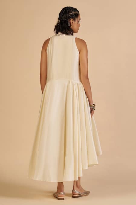 Shop Gulabo By Abu Sandeep Off White Chanderi Sequins, Embroidery V-neck Midi Dress With at Aza Fashions Shop_Gulabo By Abu Sandeep_Off White Chanderi Sequins, Embroidery V-neck Midi Dress With _at_Aza_Fashions