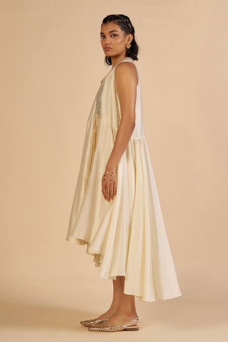 Buy Gulabo By Abu Sandeep Off White Chanderi Sequins, Embroidery V-neck Midi Dress With Online at Aza Fashions Buy_Gulabo By Abu Sandeep_Off White Chanderi Sequins, Embroidery V-neck Midi Dress With _Online_at_Aza_Fashions
