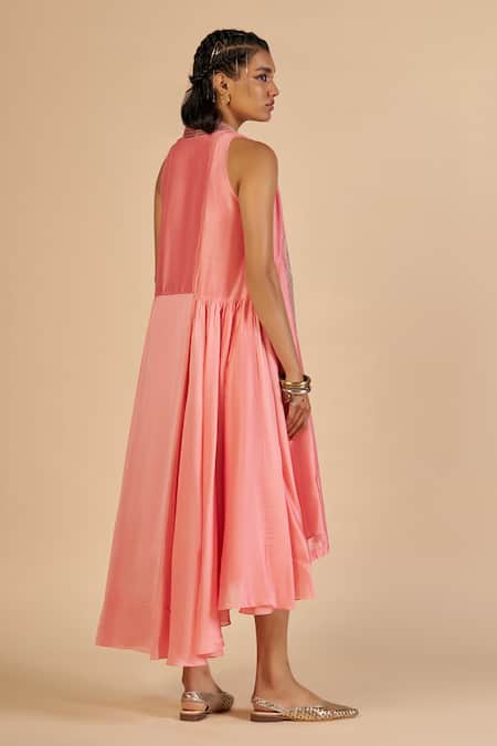 Shop Gulabo By Abu Sandeep Pink Chanderi Embroidery, Sequins V-neck Midi Dress With Detail at Aza Fashions Shop_Gulabo By Abu Sandeep_Pink Chanderi Embroidery, Sequins V-neck Midi Dress With Detail _at_Aza_Fashions