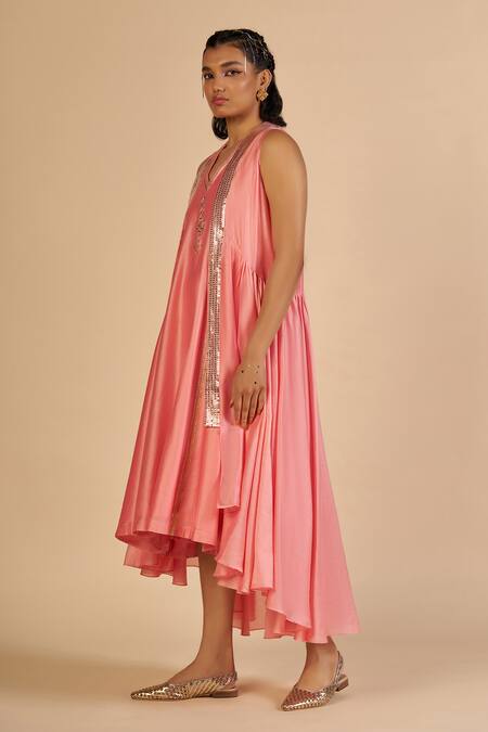 Buy Gulabo By Abu Sandeep Pink Chanderi Embroidery, Sequins V-neck Midi Dress With Detail Online at Aza Fashions Buy_Gulabo By Abu Sandeep_Pink Chanderi Embroidery, Sequins V-neck Midi Dress With Detail _Online_at_Aza_Fashions