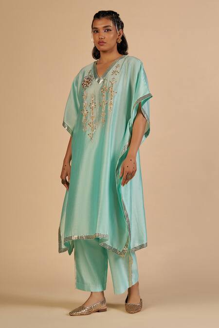 Gulabo By Abu Sandeep Aqua Chanderi Sequins, Embroidery V-neck Kaftan With Trim Online at Aza Fashions Gulabo By Abu Sandeep_Aqua Chanderi Sequins, Embroidery V-neck Kaftan With Trim _Online_at_Aza_Fashions