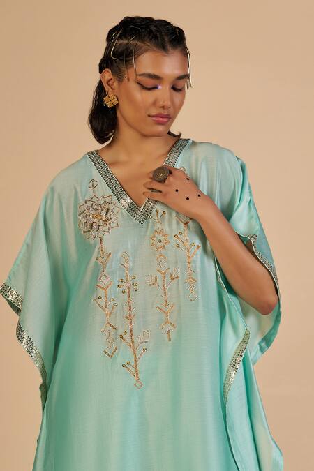 Buy Gulabo By Abu Sandeep Aqua Chanderi Sequins, Embroidery V-neck Kaftan With Trim Online at Aza Fashions Buy_Gulabo By Abu Sandeep_Aqua Chanderi Sequins, Embroidery V-neck Kaftan With Trim _Online_at_Aza_Fashions