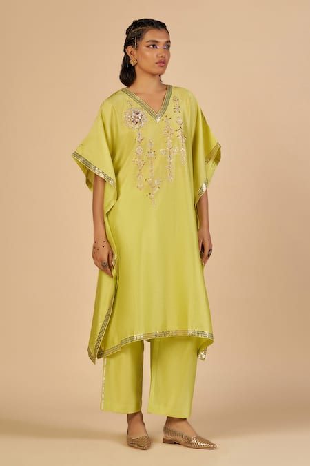 Gulabo By Abu Sandeep Lime Chanderi Sequins, Embroidery, Stones V-neck Kaftan With Mirror Work