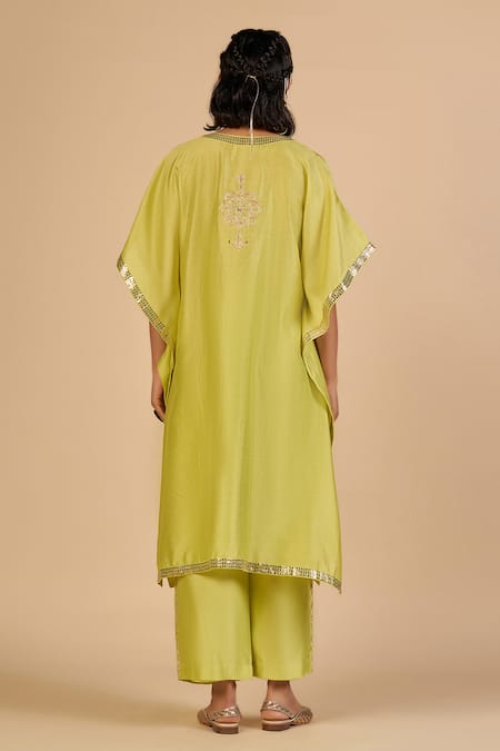 Shop Gulabo By Abu Sandeep Lime Chanderi Sequins, Embroidery, Stones V-neck Kaftan With Mirror Work at Aza Fashions Shop_Gulabo By Abu Sandeep_Lime Chanderi Sequins, Embroidery, Stones V-neck Kaftan With Mirror Work _at_Aza_Fashions