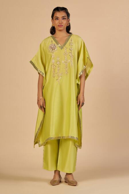 Gulabo By Abu Sandeep Lime Chanderi Sequins, Embroidery, Stones V-neck Kaftan With Mirror Work Online at Aza Fashions Gulabo By Abu Sandeep_Lime Chanderi Sequins, Embroidery, Stones V-neck Kaftan With Mirror Work _Online_at_Aza_Fashions