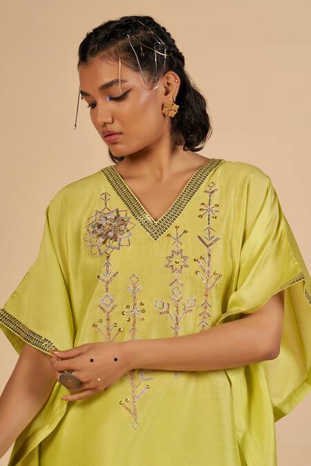 Buy Gulabo By Abu Sandeep Lime Chanderi Sequins, Embroidery, Stones V-neck Kaftan With Mirror Work Online at Aza Fashions Buy_Gulabo By Abu Sandeep_Lime Chanderi Sequins, Embroidery, Stones V-neck Kaftan With Mirror Work _Online_at_Aza_Fashions
