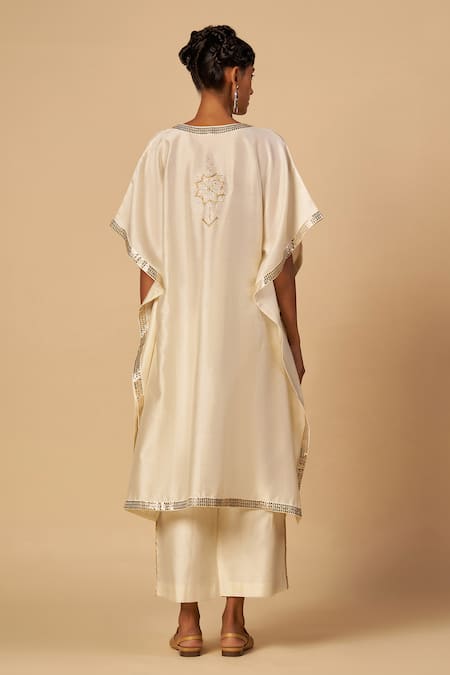 Shop Gulabo By Abu Sandeep Off White Chanderi Embroidery, Sequins, Metallic Thread V-neck Kaftan at Aza Fashions Shop_Gulabo By Abu Sandeep_Off White Chanderi Embroidery, Sequins, Metallic Thread V-neck Kaftan _at_Aza_Fashions