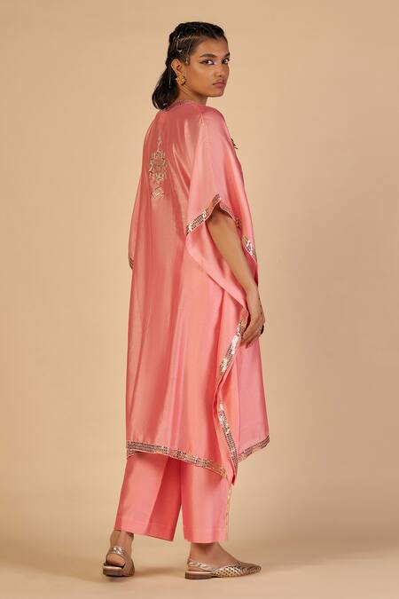 Buy Gulabo By Abu Sandeep Pink Chanderi Embroidery, Sequins V-neck Kaftan With Detail Online at Aza Fashions Buy_Gulabo By Abu Sandeep_Pink Chanderi Embroidery, Sequins V-neck Kaftan With Detail _Online_at_Aza_Fashions