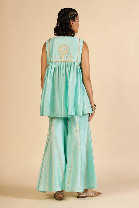 Gulabo By Abu Sandeep Aqua Chanderi Embroidery, Zari Round Neck Short Tunic Online at Aza Fashions Gulabo By Abu Sandeep_Aqua Chanderi Embroidery, Zari Round Neck Short Tunic _Online_at_Aza_Fashions