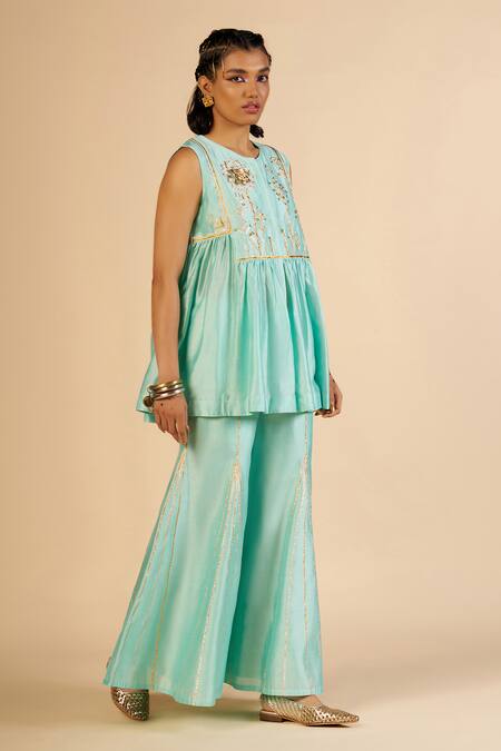 Buy Gulabo By Abu Sandeep Aqua Chanderi Embroidery, Zari Round Neck Short Tunic Online at Aza Fashions Buy_Gulabo By Abu Sandeep_Aqua Chanderi Embroidery, Zari Round Neck Short Tunic _Online_at_Aza_Fashions