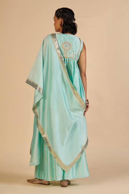 Gulabo By Abu Sandeep Aqua Chanderi Embroidery, Zari Round Neck Short Tunic at Aza Fashions Gulabo By Abu Sandeep_Aqua Chanderi Embroidery, Zari Round Neck Short Tunic _at_Aza_Fashions