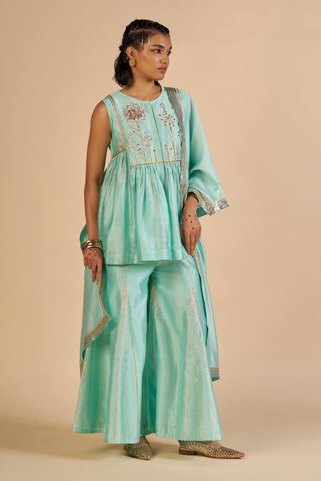 Buy Gulabo By Abu Sandeep Aqua Chanderi Embroidery, Zari Round Neck Short Tunic Buy_Gulabo By Abu Sandeep_Aqua Chanderi Embroidery, Zari Round Neck Short Tunic