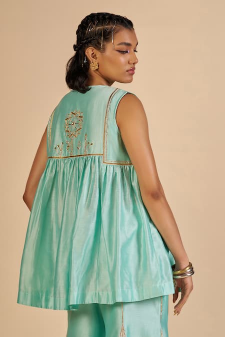 Shop Gulabo By Abu Sandeep Aqua Chanderi Embroidery, Zari Round Neck Short Tunic at Aza Fashions Shop_Gulabo By Abu Sandeep_Aqua Chanderi Embroidery, Zari Round Neck Short Tunic _at_Aza_Fashions
