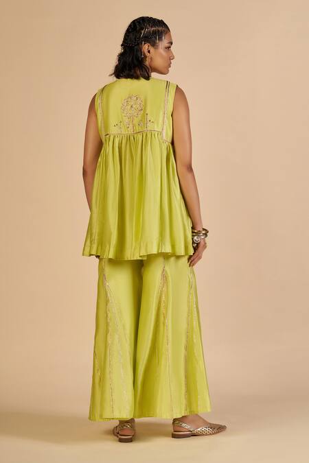 Shop Gulabo By Abu Sandeep Lime Chanderi Embroidery, Zari Round Neck Peplum Tunic Online at Aza Fashions Shop_Gulabo By Abu Sandeep_Lime Chanderi Embroidery, Zari Round Neck Peplum Tunic _Online_at_Aza_Fashions