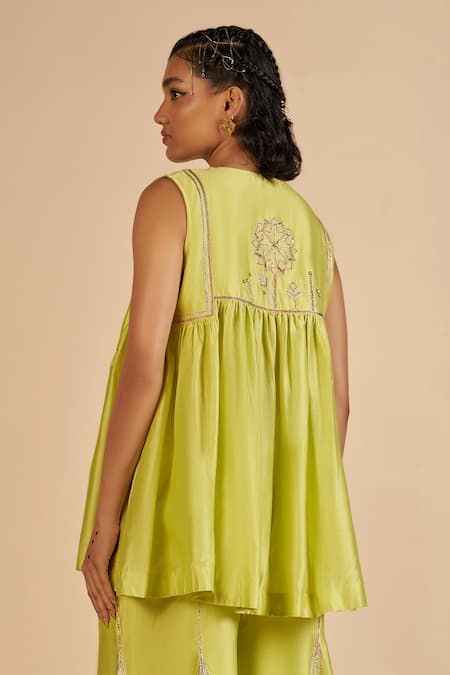 Shop Gulabo By Abu Sandeep Lime Chanderi Embroidery, Zari Round Neck Peplum Tunic at Aza Fashions Shop_Gulabo By Abu Sandeep_Lime Chanderi Embroidery, Zari Round Neck Peplum Tunic _at_Aza_Fashions