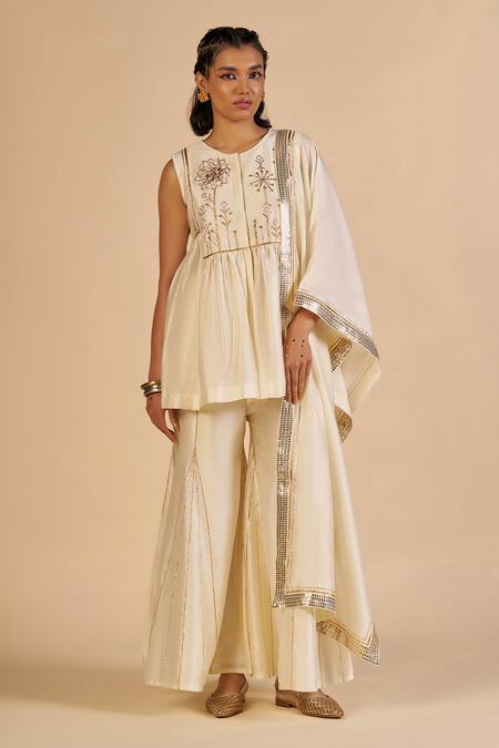 Shop Gulabo By Abu Sandeep Off White Chanderi Embroidery, Zari Round Neck Short Tunic Online at Aza Fashions Shop_Gulabo By Abu Sandeep_Off White Chanderi Embroidery, Zari Round Neck Short Tunic _Online_at_Aza_Fashions
