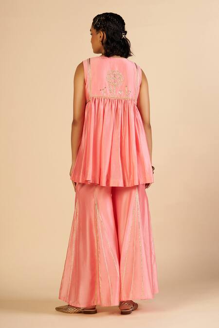 Buy Gulabo By Abu Sandeep Pink Chanderi Embroidery, Metallic Thread Round Neck, Button-down Gathered Tunic Online at Aza Fashions Buy_Gulabo By Abu Sandeep_Pink Chanderi Embroidery, Metallic Thread Round Neck, Button-down Gathered Tunic _Online_at_Aza_Fashions