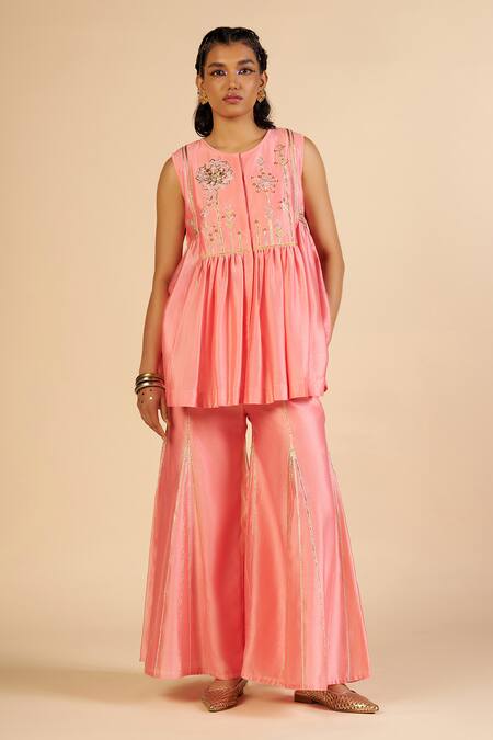 Shop Gulabo By Abu Sandeep Pink Chanderi Embroidery, Metallic Thread Round Neck, Button-down Gathered Tunic Online at Aza Fashions Shop_Gulabo By Abu Sandeep_Pink Chanderi Embroidery, Metallic Thread Round Neck, Button-down Gathered Tunic _Online_at_Aza_Fashions