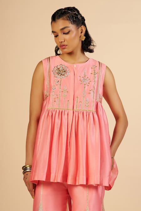 Gulabo By Abu Sandeep Chanderi Embroidered Gathered Tunic 