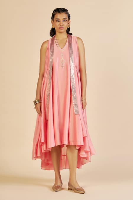 Gulabo By Abu Sandeep Pink Chanderi Sequins Open Neck Embellished Jacket