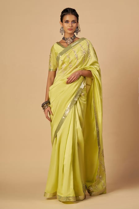 Gulabo By Abu Sandeep Lime Chanderi Sequins, Zari Embroidered Saree With Border