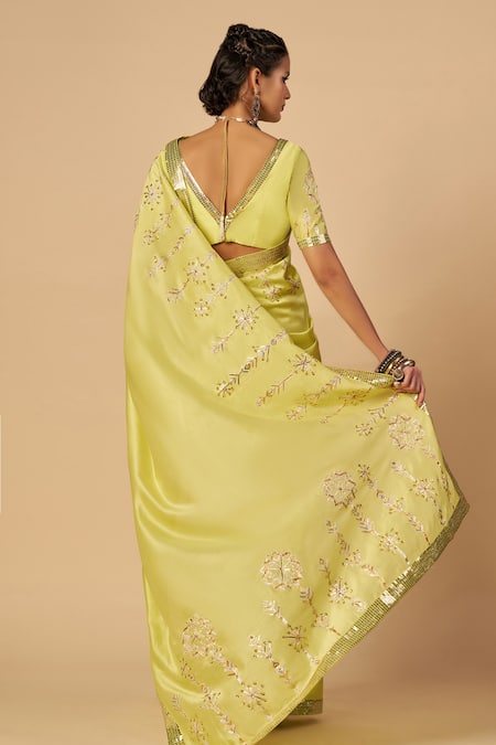 Shop Gulabo By Abu Sandeep Lime Chanderi Sequins, Zari Embroidered Saree With Border at Aza Fashions Shop_Gulabo By Abu Sandeep_Lime Chanderi Sequins, Zari Embroidered Saree With Border _at_Aza_Fashions