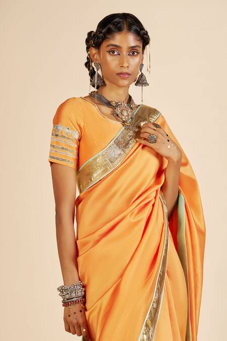 Gulabo By Abu Sandeep Orange Chanderi Metallic Thread, Embroidery Round Neck Blouse Online at Aza Fashions Gulabo By Abu Sandeep_Orange Chanderi Metallic Thread, Embroidery Round Neck Blouse _Online_at_Aza_Fashions