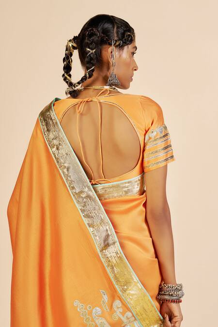 Gulabo By Abu Sandeep Orange Chanderi Metallic Thread, Embroidery Round Neck Blouse at Aza Fashions Gulabo By Abu Sandeep_Orange Chanderi Metallic Thread, Embroidery Round Neck Blouse _at_Aza_Fashions