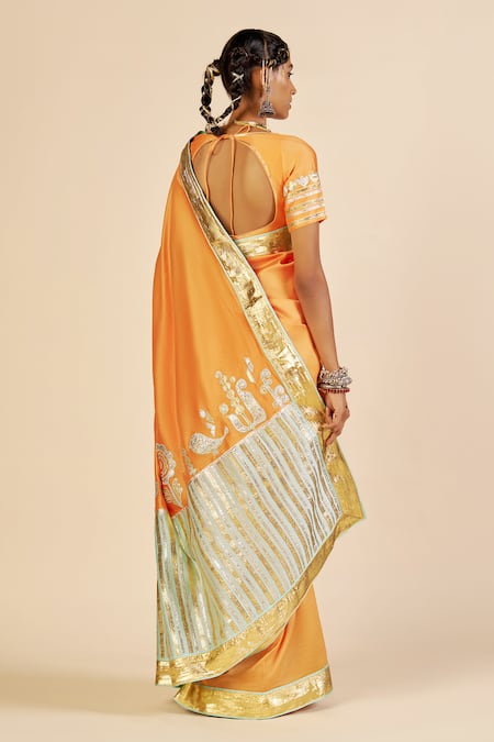 Shop Gulabo By Abu Sandeep Orange Chanderi Metallic Thread, Embroidery Round Neck Blouse at Aza Fashions Shop_Gulabo By Abu Sandeep_Orange Chanderi Metallic Thread, Embroidery Round Neck Blouse _at_Aza_Fashions