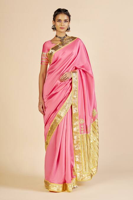 Gulabo By Abu Sandeep Pink Chanderi Embroidery, Zari Round Neck Blouse Online at Aza Fashions Gulabo By Abu Sandeep_Pink Chanderi Embroidery, Zari Round Neck Blouse _Online_at_Aza_Fashions