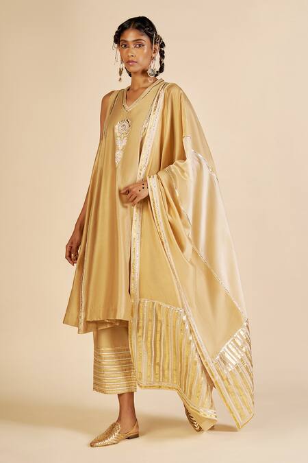 Gulabo By Abu Sandeep Beige Chanderi Sequins, Zari Striped Embroidered Trouser Online at Aza Fashions Gulabo By Abu Sandeep_Beige Chanderi Sequins, Zari Striped Embroidered Trouser _Online_at_Aza_Fashions