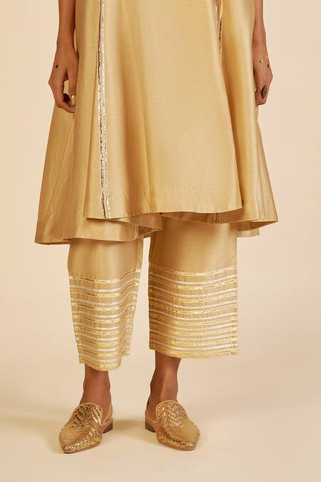 Gulabo By Abu Sandeep Beige Chanderi Sequins, Zari Striped Embroidered Trouser at Aza Fashions Gulabo By Abu Sandeep_Beige Chanderi Sequins, Zari Striped Embroidered Trouser _at_Aza_Fashions