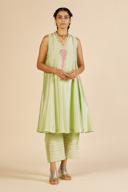 Gulabo By Abu Sandeep Green Chanderi Zari, Embroidery Striped Trouser