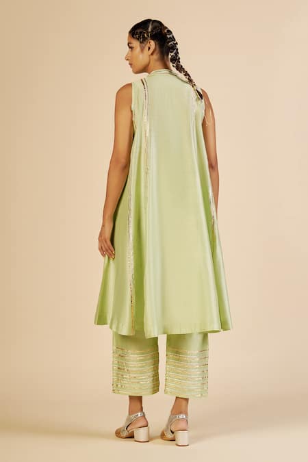 Shop Gulabo By Abu Sandeep Green Chanderi Zari, Embroidery Striped Trouser at Aza Fashions Shop_Gulabo By Abu Sandeep_Green Chanderi Zari, Embroidery Striped Trouser _at_Aza_Fashions
