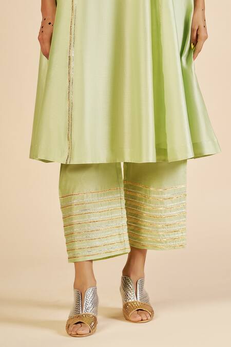 Shop Gulabo By Abu Sandeep Green Chanderi Zari, Embroidery Striped Trouser Online at Aza Fashions Shop_Gulabo By Abu Sandeep_Green Chanderi Zari, Embroidery Striped Trouser _Online_at_Aza_Fashions