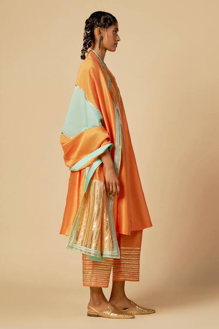 Shop Gulabo By Abu Sandeep Orange Chanderi Sequins, Zari Embroidered Trouser Online at Aza Fashions Shop_Gulabo By Abu Sandeep_Orange Chanderi Sequins, Zari Embroidered Trouser _Online_at_Aza_Fashions