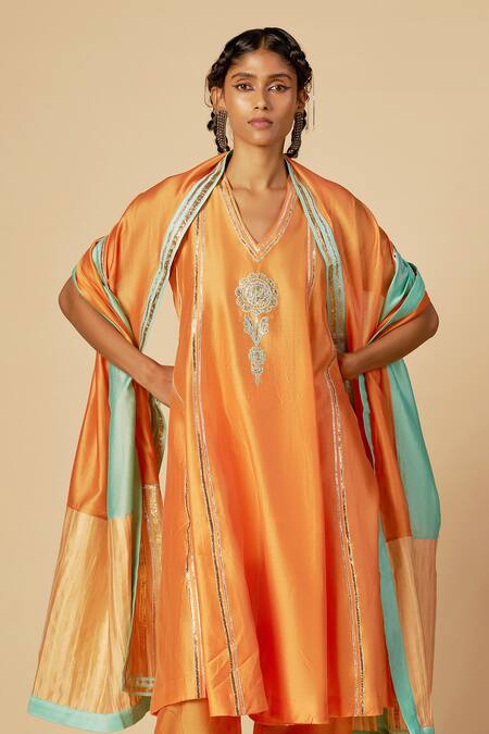 Gulabo By Abu Sandeep Orange Chanderi Sequins, Zari Embroidered Trouser at Aza Fashions Gulabo By Abu Sandeep_Orange Chanderi Sequins, Zari Embroidered Trouser _at_Aza_Fashions