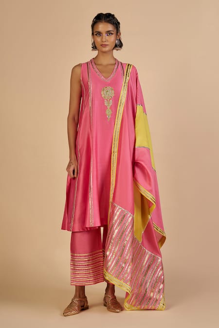 Gulabo By Abu Sandeep Pink Chanderi Embroidery Striped Trouser
