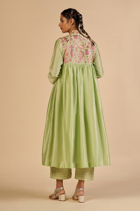 Shop Gulabo By Abu Sandeep Green Chanderi Embroidery, Sequins, Gota Patti V-neck Tunic at Aza Fashions Shop_Gulabo By Abu Sandeep_Green Chanderi Embroidery, Sequins, Gota Patti V-neck Tunic _at_Aza_Fashions