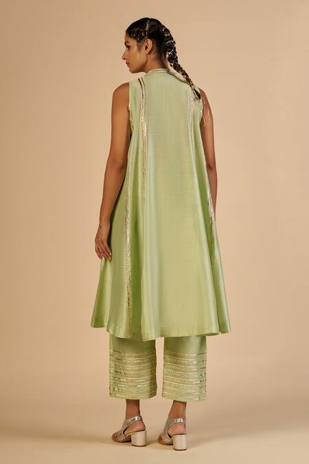 Gulabo By Abu Sandeep Green Chanderi Embroidery, Sequins, Gota Patti V-neck Tunic Online at Aza Fashions Gulabo By Abu Sandeep_Green Chanderi Embroidery, Sequins, Gota Patti V-neck Tunic _Online_at_Aza_Fashions