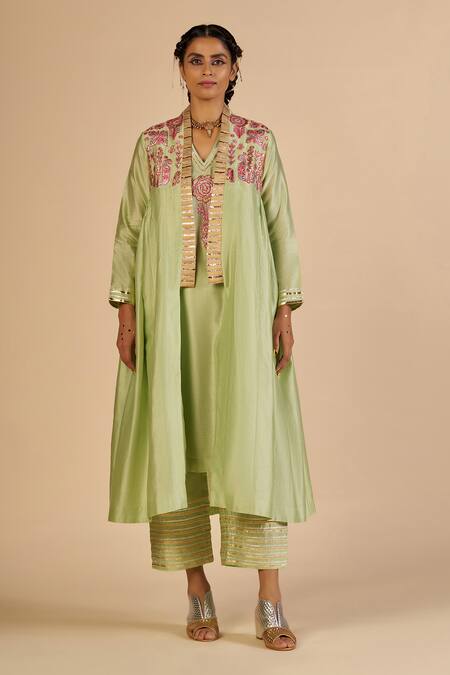 Buy Gulabo By Abu Sandeep Green Chanderi Embroidery, Sequins, Gota Patti V-neck Tunic Online at Aza Fashions Buy_Gulabo By Abu Sandeep_Green Chanderi Embroidery, Sequins, Gota Patti V-neck Tunic _Online_at_Aza_Fashions