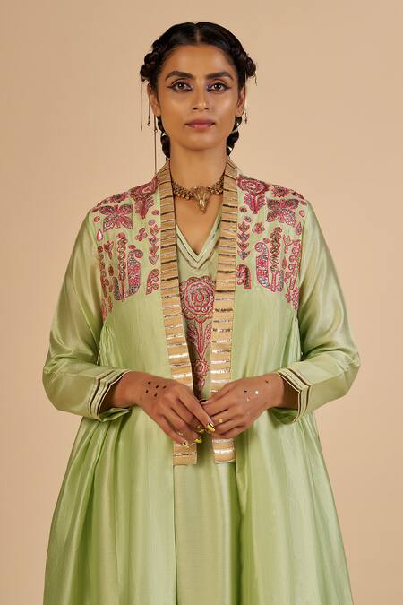 Shop Gulabo By Abu Sandeep Green Chanderi Embroidery, Sequins, Gota Patti V-neck Tunic Online at Aza Fashions Shop_Gulabo By Abu Sandeep_Green Chanderi Embroidery, Sequins, Gota Patti V-neck Tunic _Online_at_Aza_Fashions