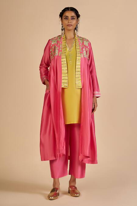 Gulabo By Abu Sandeep Yellow Chanderi Embroidery, Sequins V-neck Tunic Online at Aza Fashions Gulabo By Abu Sandeep_Yellow Chanderi Embroidery, Sequins V-neck Tunic _Online_at_Aza_Fashions