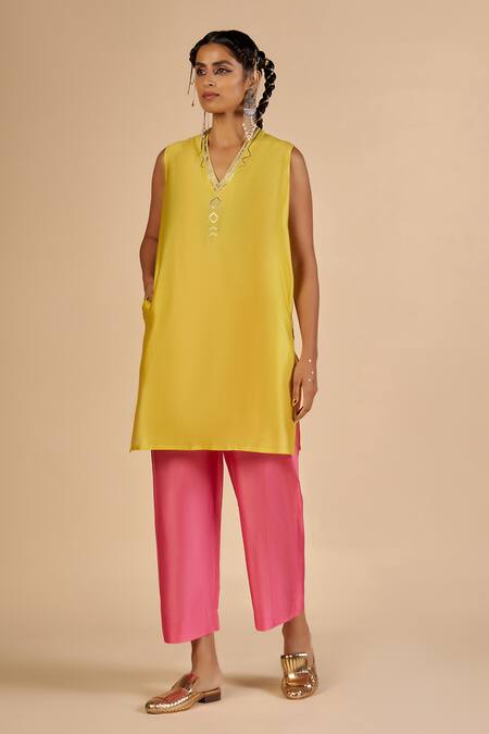 Shop Gulabo By Abu Sandeep Yellow Chanderi Embroidery, Sequins V-neck Tunic Online at Aza Fashions Shop_Gulabo By Abu Sandeep_Yellow Chanderi Embroidery, Sequins V-neck Tunic _Online_at_Aza_Fashions