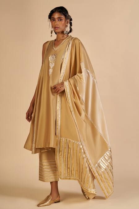 Shop Gulabo By Abu Sandeep Beige Chanderi Embroidery, Sequins V-neck Sleeveless Tunic Online at Aza Fashions Shop_Gulabo By Abu Sandeep_Beige Chanderi Embroidery, Sequins V-neck Sleeveless Tunic _Online_at_Aza_Fashions