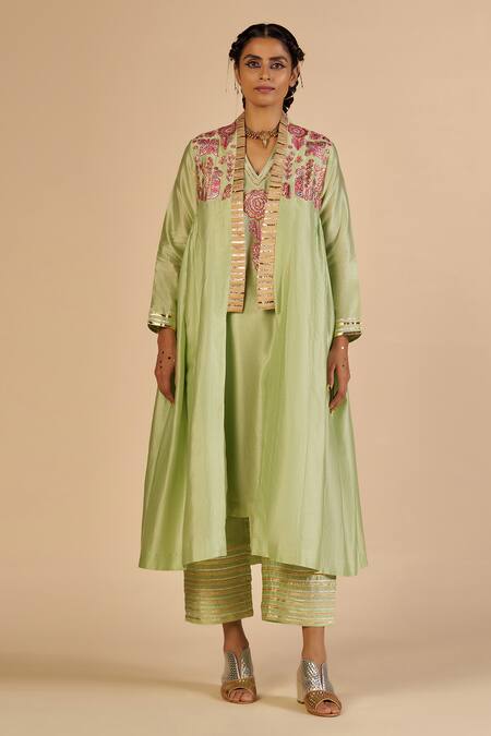 Gulabo By Abu Sandeep Green Chanderi Sequins, Embroidery V-neck Tunic Online at Aza Fashions Gulabo By Abu Sandeep_Green Chanderi Sequins, Embroidery V-neck Tunic _Online_at_Aza_Fashions